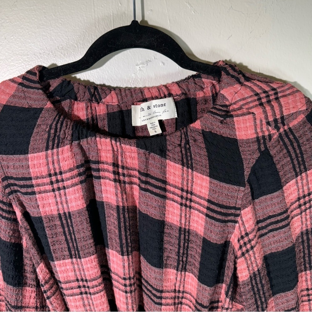 Anthropologie Cloth&Stone Plaid Daia Belted Tier Mini Dress Raglan Long Sleeves - Picture 7 of 16